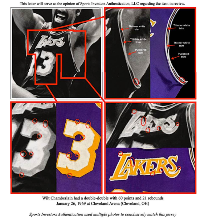 Screenshots from a letter authenticating the Wilt Chamberlain jersey using photo matching. (Sports Investor Authentication via Grey Flannel Auctions)